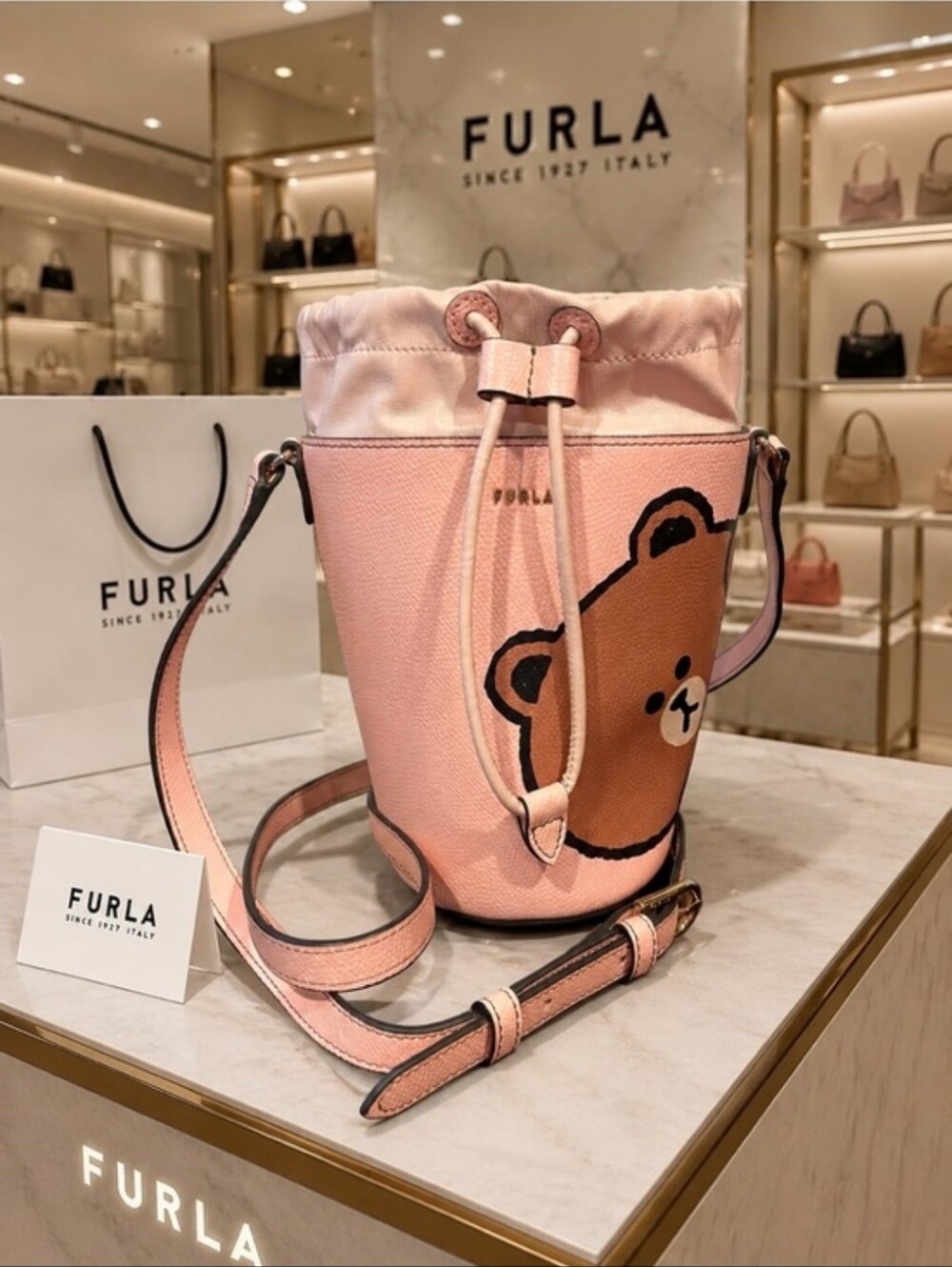 Furla x LINE Friends Rare Brown Bear Pink Leather Bucket Crossbody Bag
